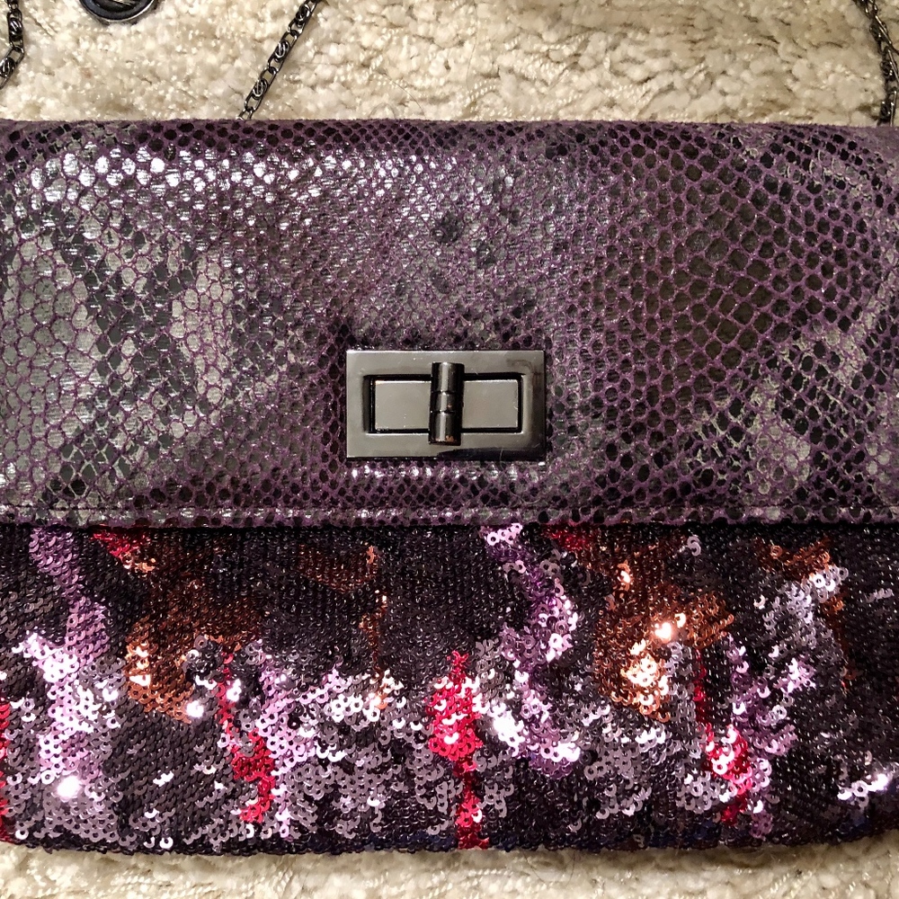 NWT- BIG BUDDHA Faux Snakeskin & Purple Sequined Bag
